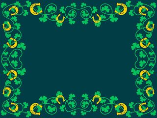 Frame with green clover leaves and horseshoes for St. Patrick's Day. Border with shamrocks and horseshoes. Design for greeting cards, flyers and invitations. Vector illustration