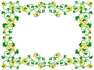 Frame with green clover leaves and horseshoes for St. Patrick's Day. Border with shamrocks and horseshoes on white background. Design for greeting cards, flyers and invitations. Vector illustration