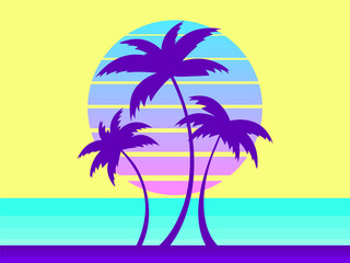 Landscape with palm trees on the seashore and sun in retro 80s style. Futuristic sun with gradient. Summer time. Design for poster, banner and promotional product. Vector illustration