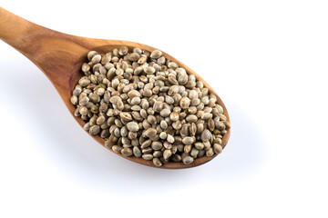 Cannabis Hemp seeds in spoon on white