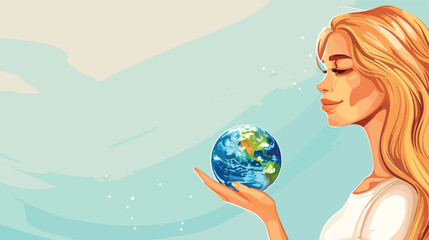 Flat Vector Young woman holds on hand small Earth 