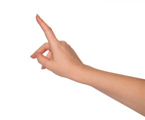 Forefinger. Women's hand with index finger pointing to something. PNG isolated on transparent background