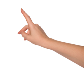 Forefinger. Women's hand with index finger pointing to something. PNG isolated on transparent background