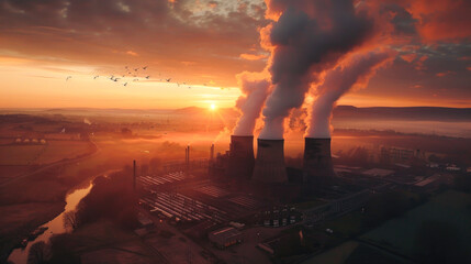 Sunset View of Cooling Towers at a Nuclear Power Plant