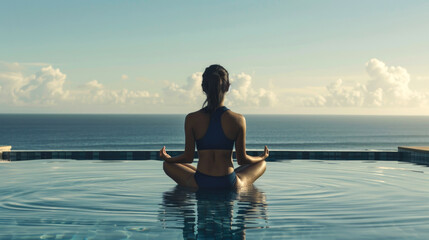 Fototapeta na wymiar Woman Meditating in Lotus Position by Infinity Pool Overlooking the Sea