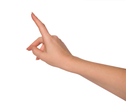 Forefinger. Women's hand with index finger pointing to something. PNG isolated on transparent background