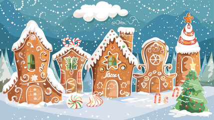 Gingerbread houses christmas scene. Cute vector illustration
