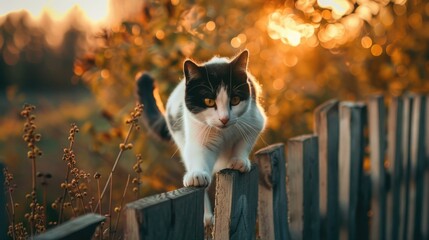 Black Cat Balancing on a Wooden Fence in Autumnal Setting
