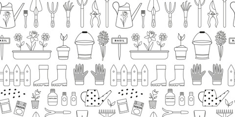 Outline gardening and planting  seamless pattern. Spring farming. Garden tools, watering can, bucket,  seeds, plants, fertilizer, boots, gloves. Line art. Coloring page. Background, digital paper.
