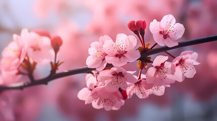 Cherry blossoms in bloom, forming a canopy of pink and white cherry blossom flowers in the park