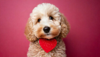 Cute little labradoodle puppy dog with a red heart on pink red background for Valentine's day or Mother's day or birthday card