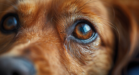 A close-up of a dog's soulful eyes, capturing the emotion and depth of a canine's gaze in a shelter environment. - obrazy, fototapety, plakaty