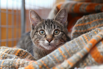 A young striped cat lies cozily in a quilted bed, its alert gaze hinting at curiosity and comfort within a shelter.