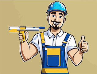 man painter holding a roller brush in one hand and showing thumbs up in another hand