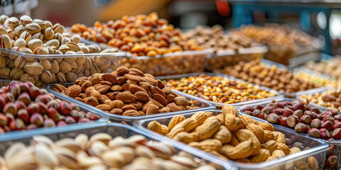 Variety of Nuts in Bulk at Farmers Market. Assorted nuts in bulk, including walnuts, almonds, and pistachios, displayed at a local farmers market.