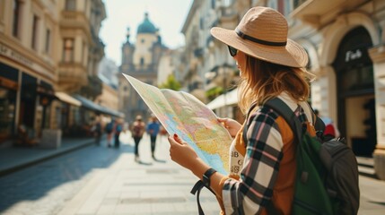 Female traveler exploring Europe using a map. - obrazy, fototapety, plakaty