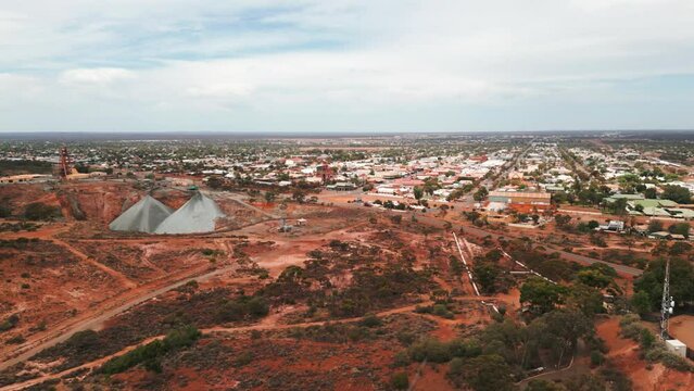 drone shot over Kalgoorlie Boulder in Western Australia on an overcast day, Australian mining city