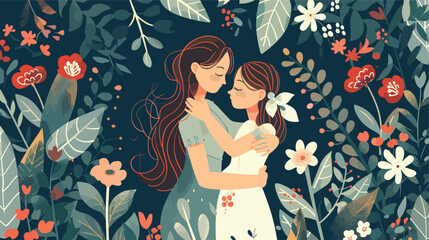 Mother embraces her daughter on a floral background