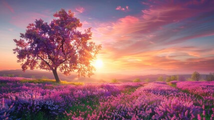Stunning Lavender Field at Sunset with Blossoming Tree