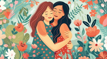 Obraz na płótnie Canvas Mother embraces her daughter on a floral background