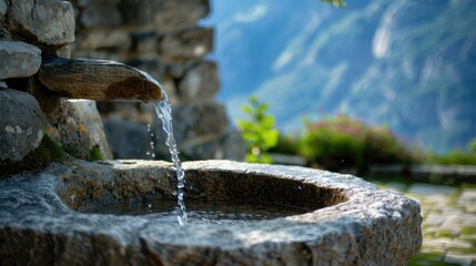 Mountain Spring Water Flowing into a Stone Basin with Alpine View
