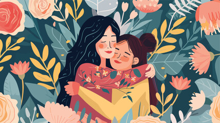 Mother embraces her daughter on a floral background