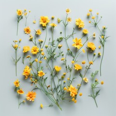 Flat Lay of Yellow Wildflowers and Plants on a Gray Background