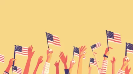 Fotobehang Peoples hands waving US flags. Independence Day.  © Vector