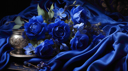 A deep royal blue canvas that seems to absorb and reflect light, creating a mesmerizing play of shadows.