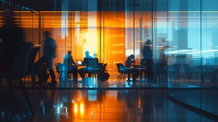 Employees in a contemporary office space. In a modern office setting with dynamic motion blur, business professionals collaborate in a shared workspace