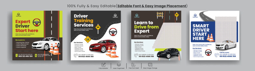 Editable car Driving school Instagram post and social media post banner template set with 3d car illustration, 
suitable for car repair and car washing website banner design bundle