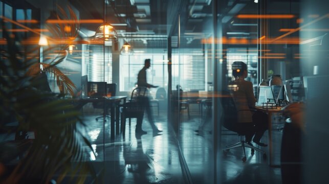 Employees in a contemporary office space. In a modern office setting with dynamic motion blur, business professionals collaborate in a shared workspace