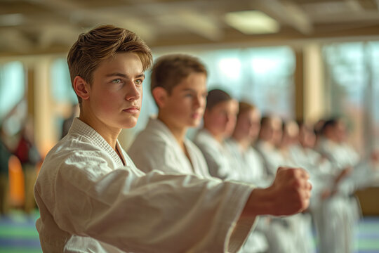Male student practicing karate by instructor in class