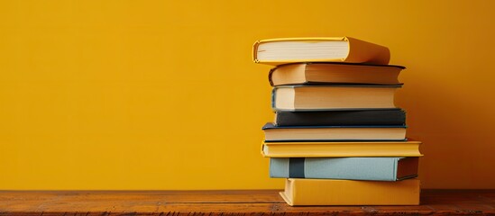 A stack of books placed neatly on top of a wooden table, against a vibrant yellow background. The books are varying in size and color, creating a visually appealing display.