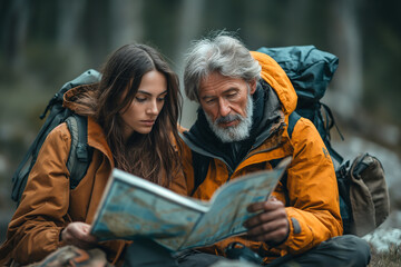 Mature couple camping at riverside, looking on map