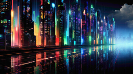 A digital cityscape of neon skyscrapers, reflecting their vivid colors onto a glassy obsidian surface below.