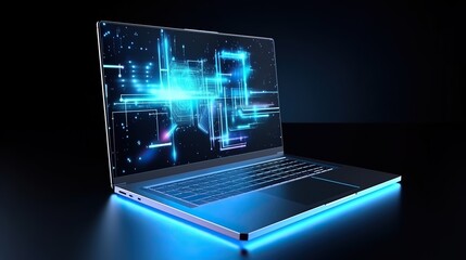 digital hologram of Modern Technology Airplane on laptop Screen