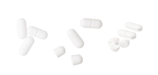 Broken Pills Isolated, Crushed Aspirin, Split Tablet, Broken Pill Capsules, Crumbling White Drugs