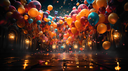 A dynamic and visually striking image of a celebration, showcasing festive elements like balloons, confetti, and decorations against a seamless and vibrant background.