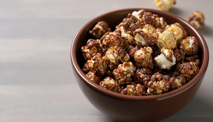 Chocolate pop corn in small brown bowl, selective focus with copy space for text
