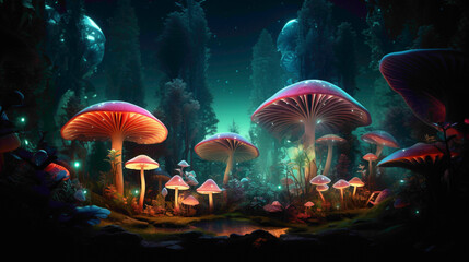 A fantastical forest of oversized, glowing mushrooms in a gradient of colors, set against a deep forest green background.