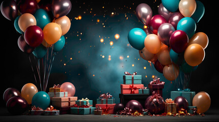 A festive scene of celebration filled with colorful decorations, balloons, and cheerful elements against a seamless solid background, creating a visually appealing and high-energy image.