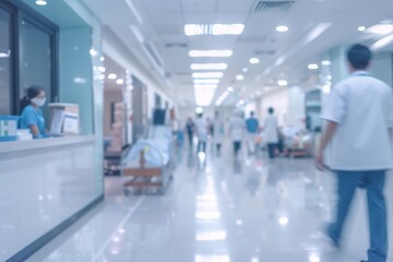 Fototapeta premium A blurry photo shows Doctors and nurses running the hospital while engineers collaborate on designing and installing advanced medical equipment
