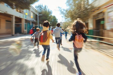 Obraz premium Blurred picture of a group of elementary school children running into a classroom during school rush hour. blurry back view