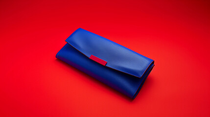 A bold cobalt blue clutch on a fiery red background, creating a dynamic contrast with space for impactful copy. 32K, epic details.