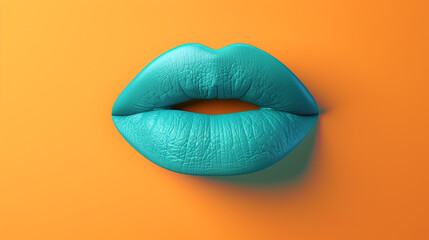 A bright aqua blue lipstick on a warm orange background, with a playful space for copy. The lipstick is bold and has a satin texture.