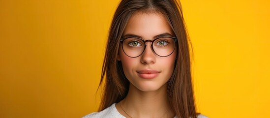 An attractive intelligent girl with straight hair and glasses poses for a close-up portrait,...