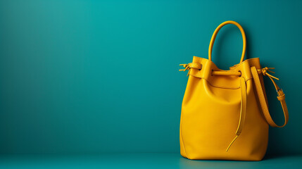 A bright yellow bucket handbag on a deep teal background, creating a striking contrast with ample copy space. Ultra high details, 32K.