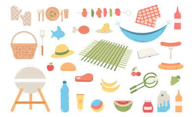 Set for picnic day. Flat Vector illustration. Food and items for summer or spring picnic