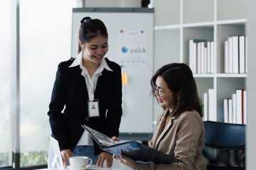 Business collage collaboration discussing working analyzing with financial data and marketing growth report graph